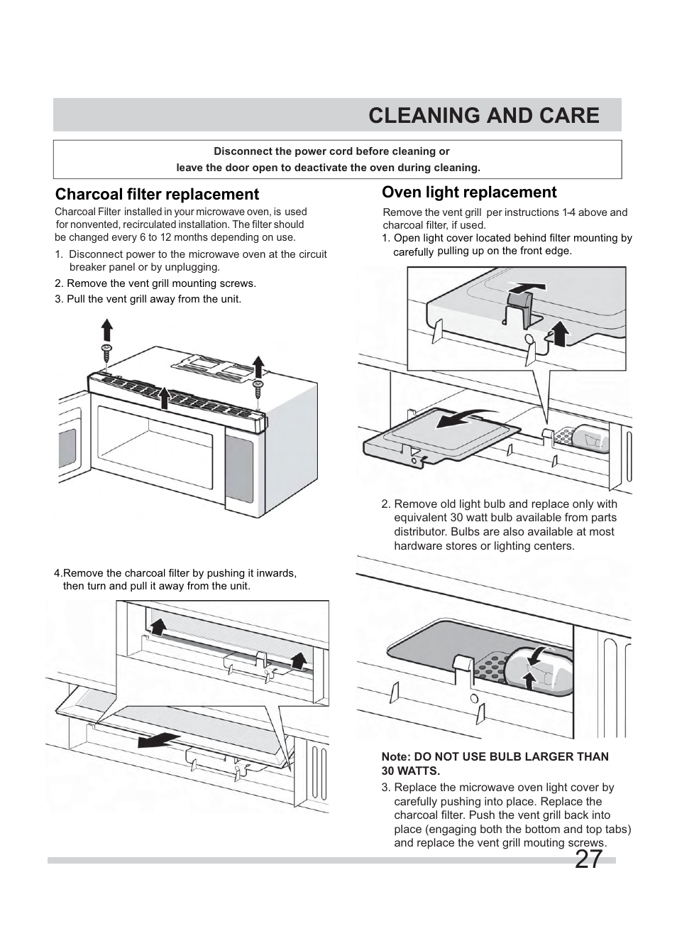 Cleaning and care, Charcoal filter replacement oven light replacement | FRIGIDAIRE FFMV154CLS User Manual | Page 27 / 31