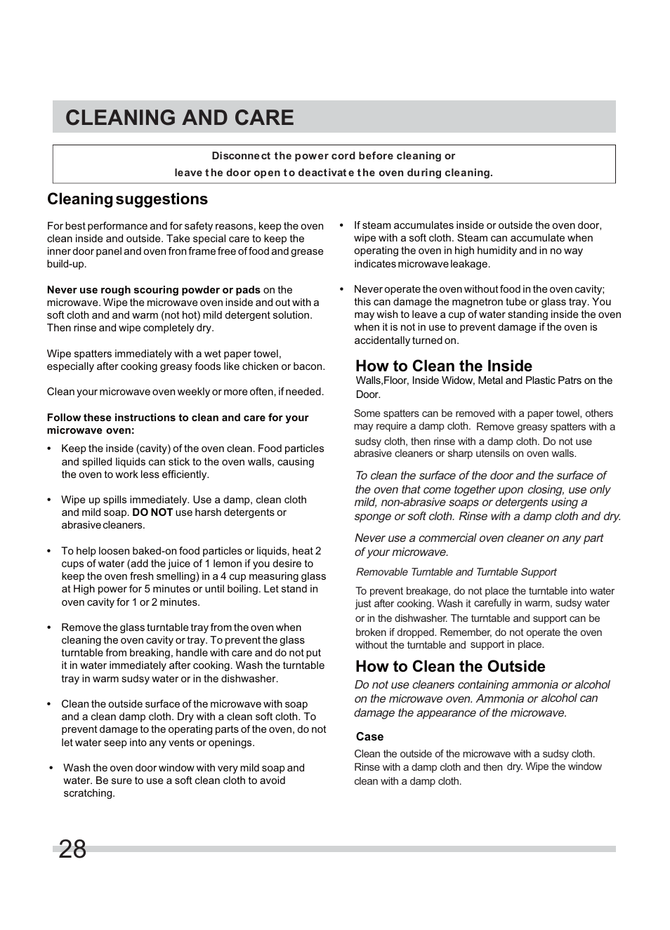 Cleaning and care, Cleaning suggestions, How to clean the inside how to clean the outside | FRIGIDAIRE FFMV154CLS User Manual | Page 28 / 31