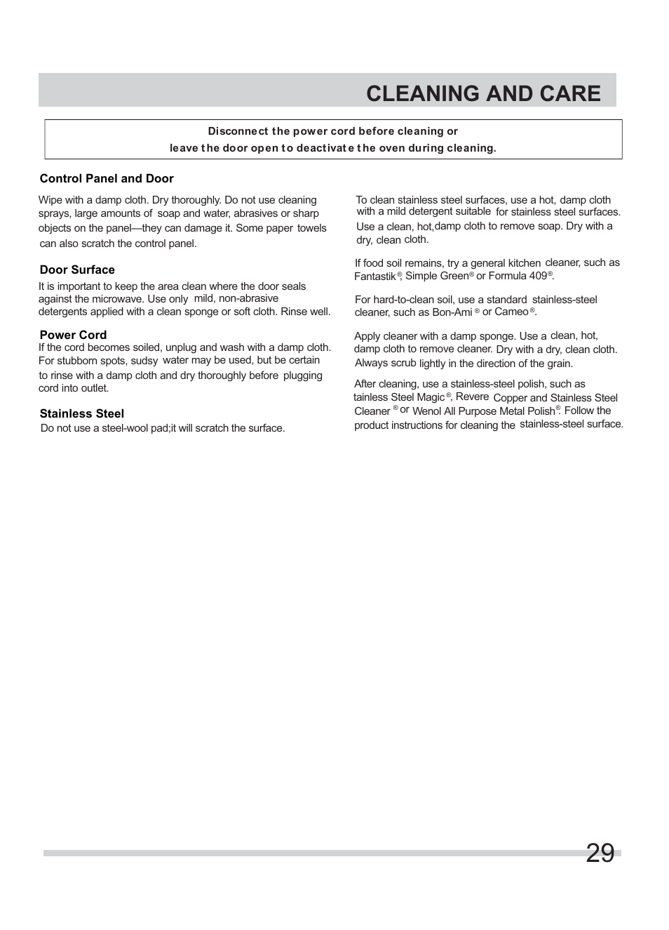 Cleaning and care | FRIGIDAIRE FFMV154CLS User Manual | Page 29 / 31