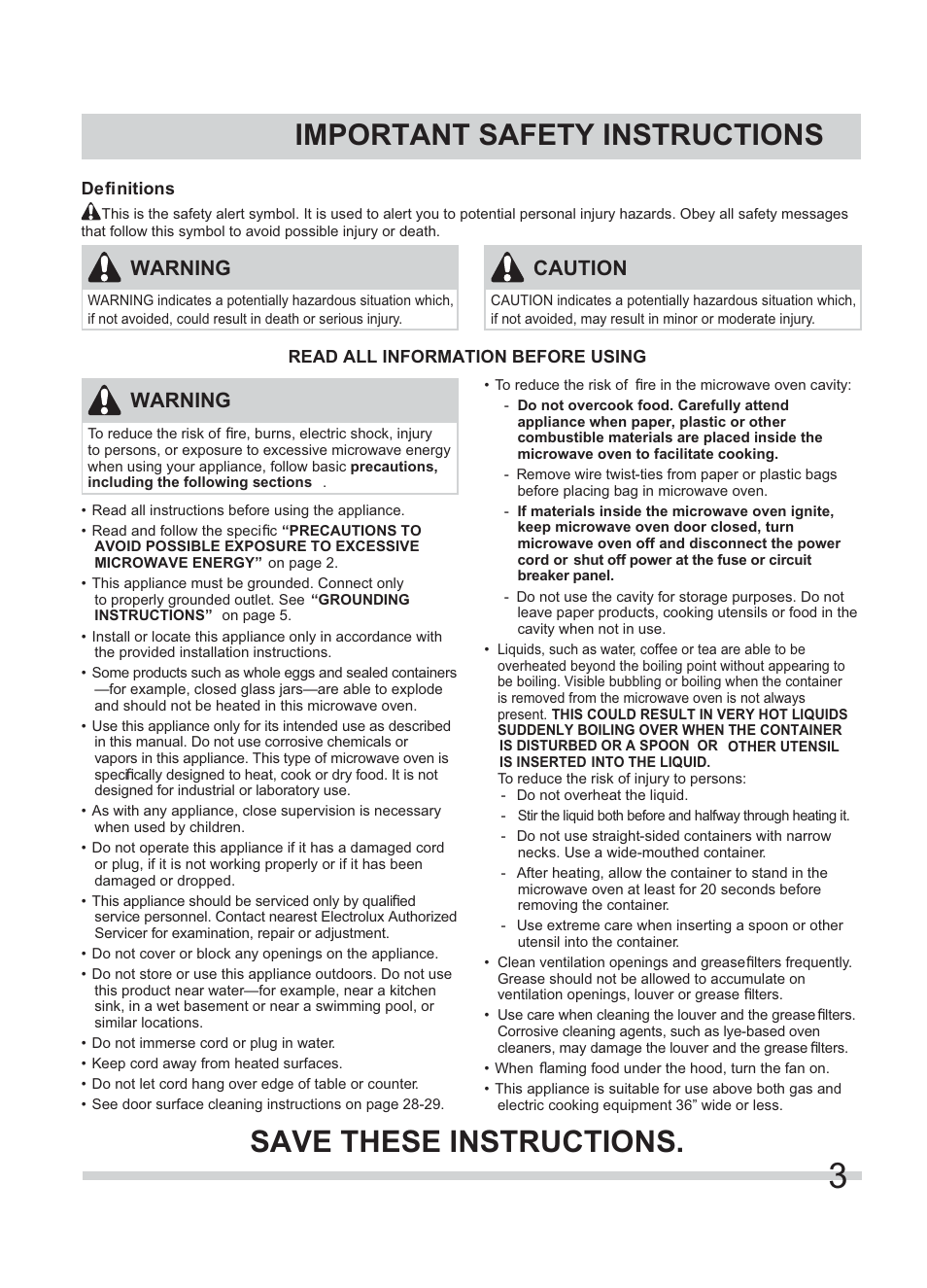 Save these instructions, Important safety instructions, Warning | Caution | FRIGIDAIRE FFMV154CLS User Manual | Page 3 / 31