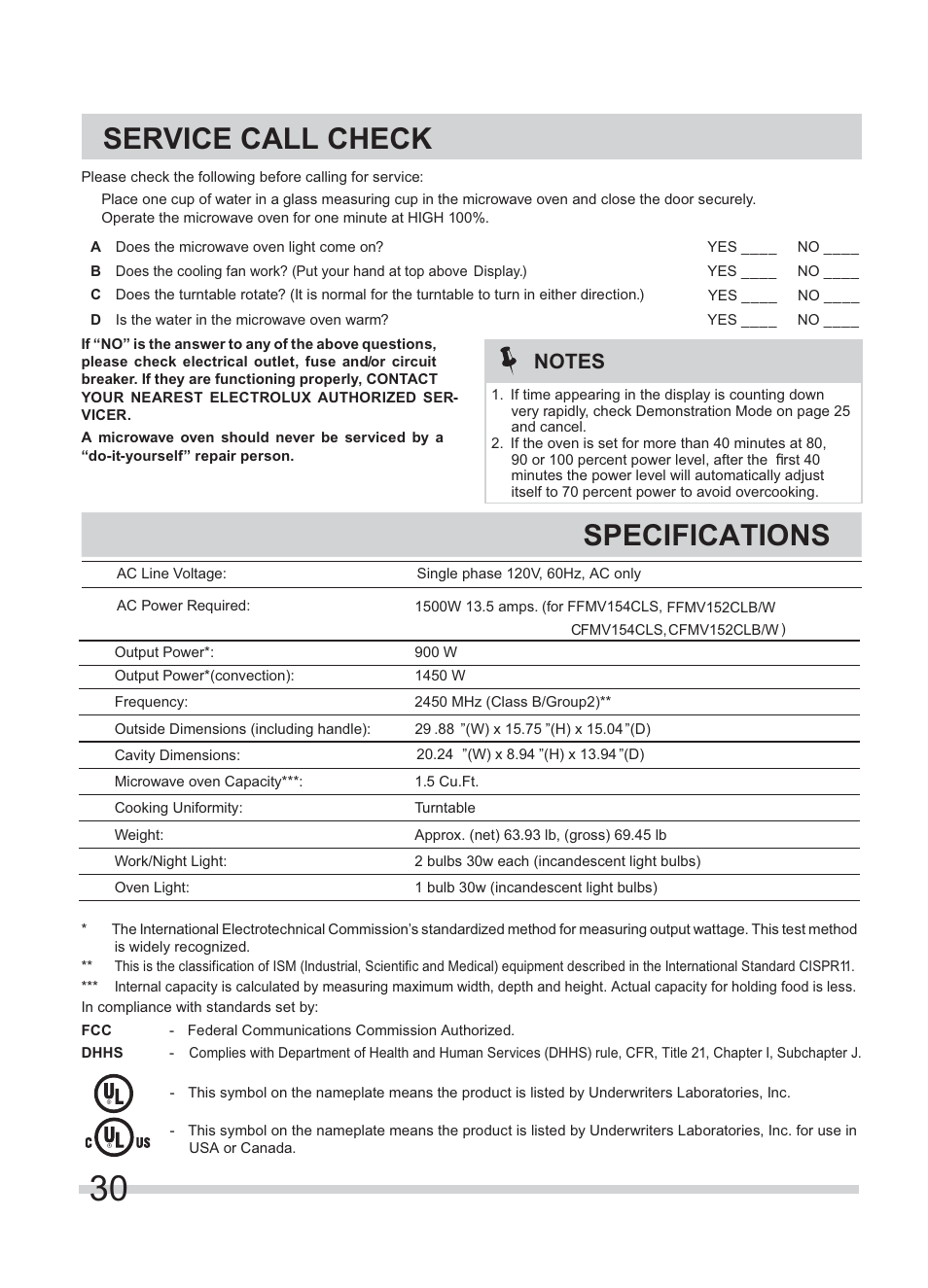 Service call check specifications | FRIGIDAIRE FFMV154CLS User Manual | Page 30 / 31