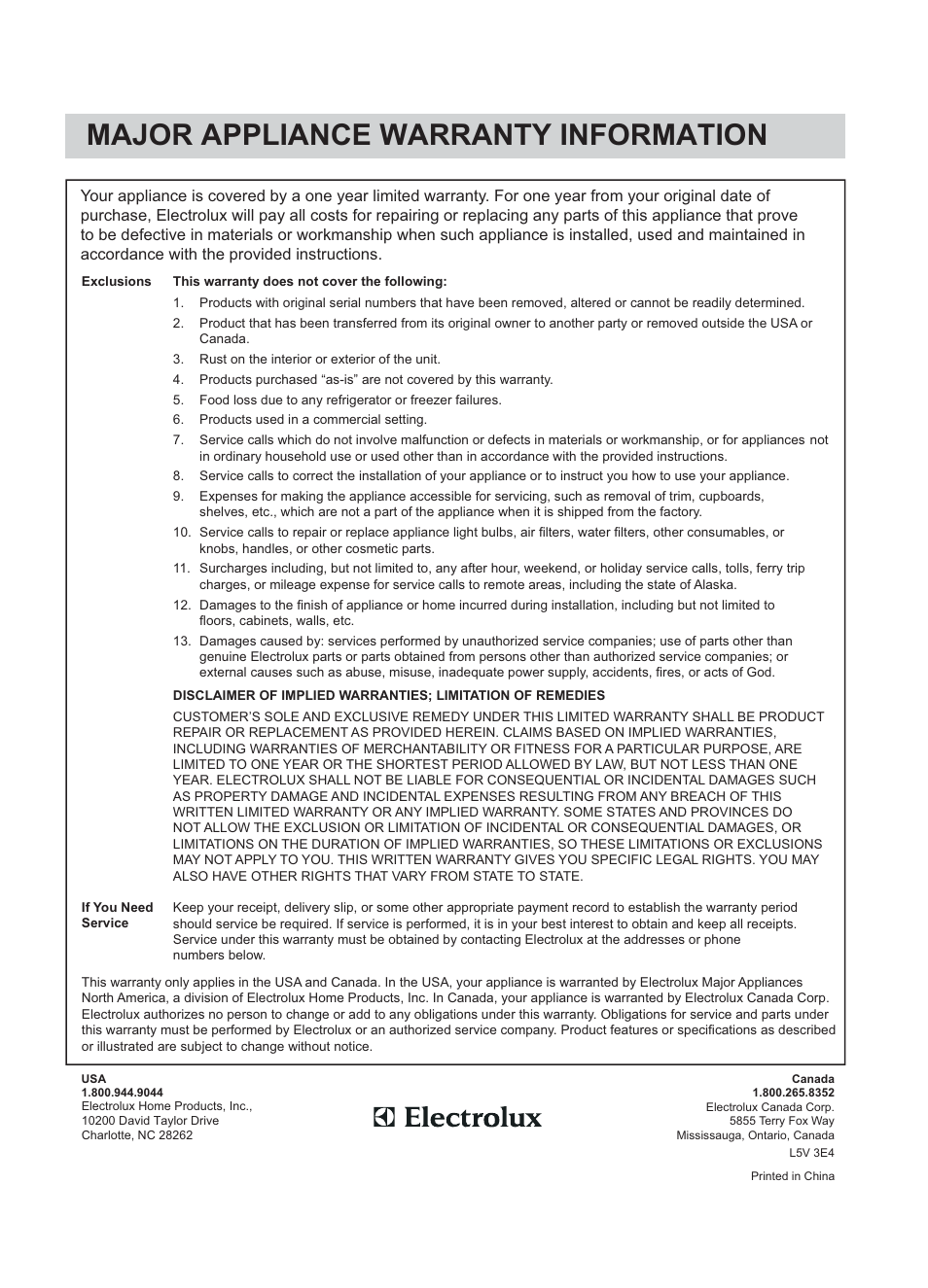 Major appliance warranty information | FRIGIDAIRE FFMV154CLS User Manual | Page 31 / 31