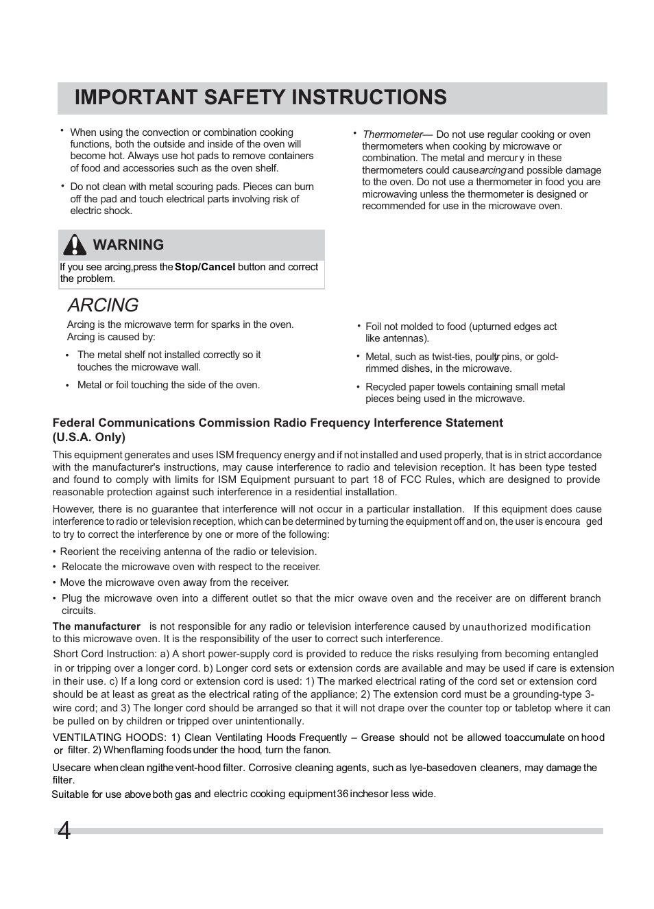 Important safety instructions, Arcing, Warning | FRIGIDAIRE FFMV154CLS User Manual | Page 4 / 31