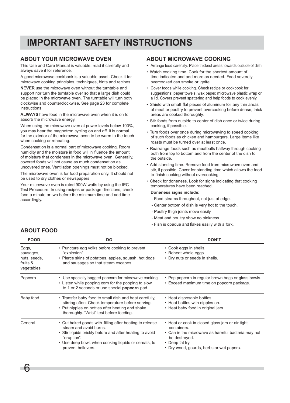 Important safety instructions, About your microwave oven, About microwave cooking | About food | FRIGIDAIRE FFMV154CLS User Manual | Page 6 / 31