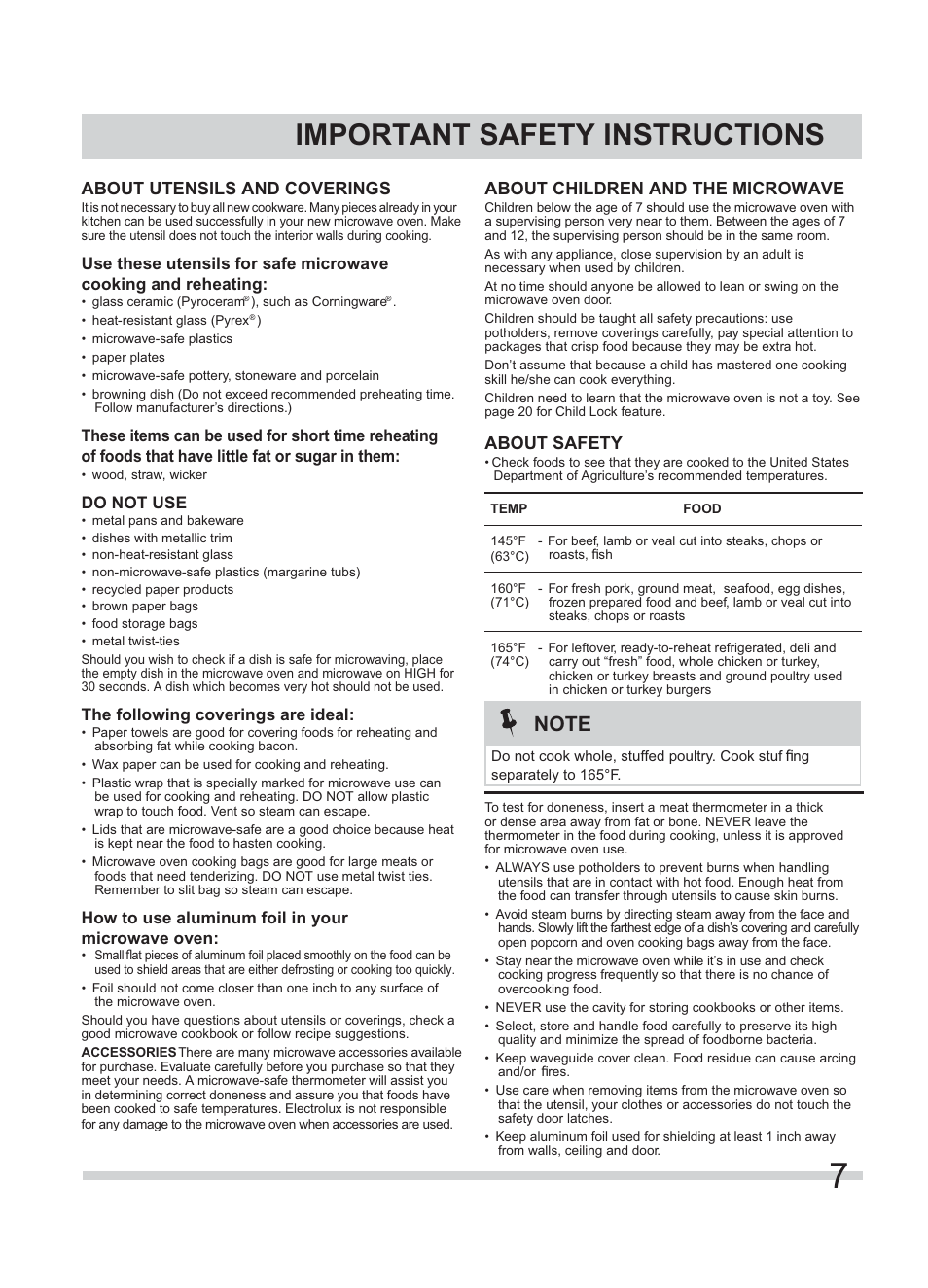 Important safety instructions, About children and the microwave, About safety | About utensils and coverings | FRIGIDAIRE FFMV154CLS User Manual | Page 7 / 31