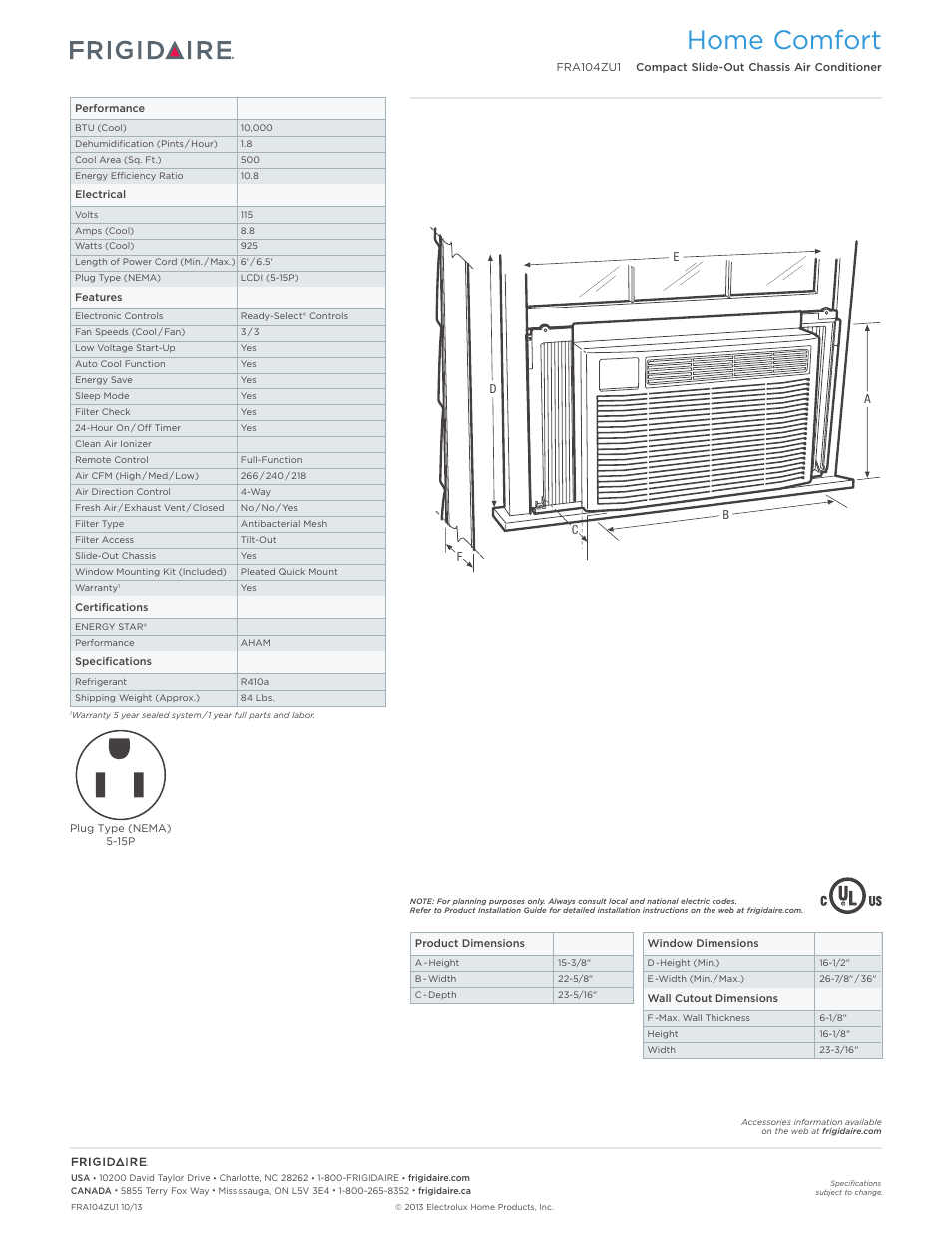 Rac heavy-duty models_2 frigidaire baseline, Home comfort | FRIGIDAIRE FRA104ZU1 User Manual | Page 2 / 2