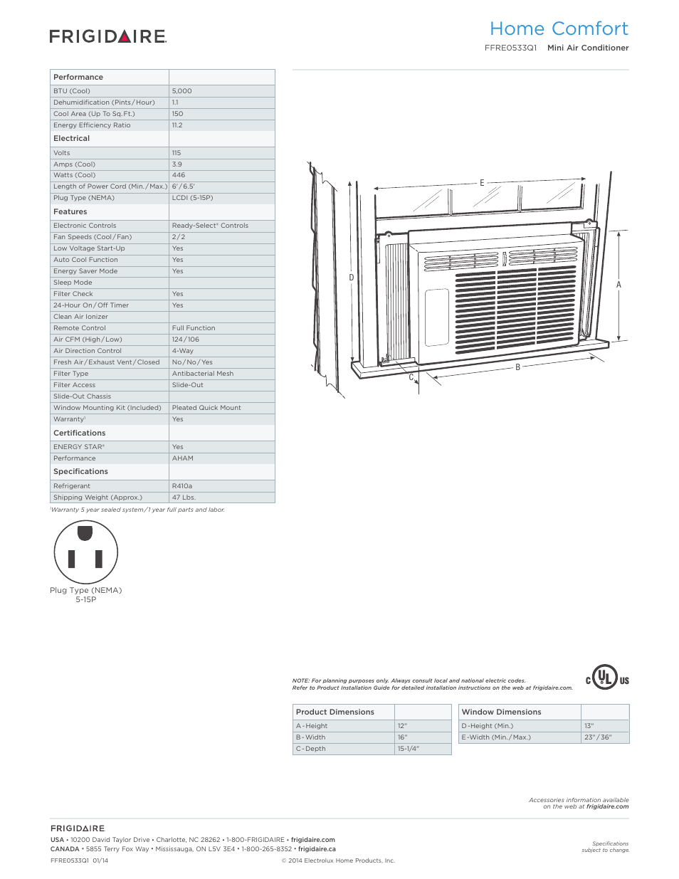 Rac mini models frigidaire baseline, Home comfort | FRIGIDAIRE FFRE0533Q1 User Manual | Page 2 / 2