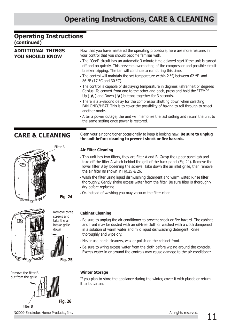 Operating instructions, care & cleaning, Care & cleaning, Operating instructions | FRIGIDAIRE FRA073PU1 User Manual | Page 11 / 13