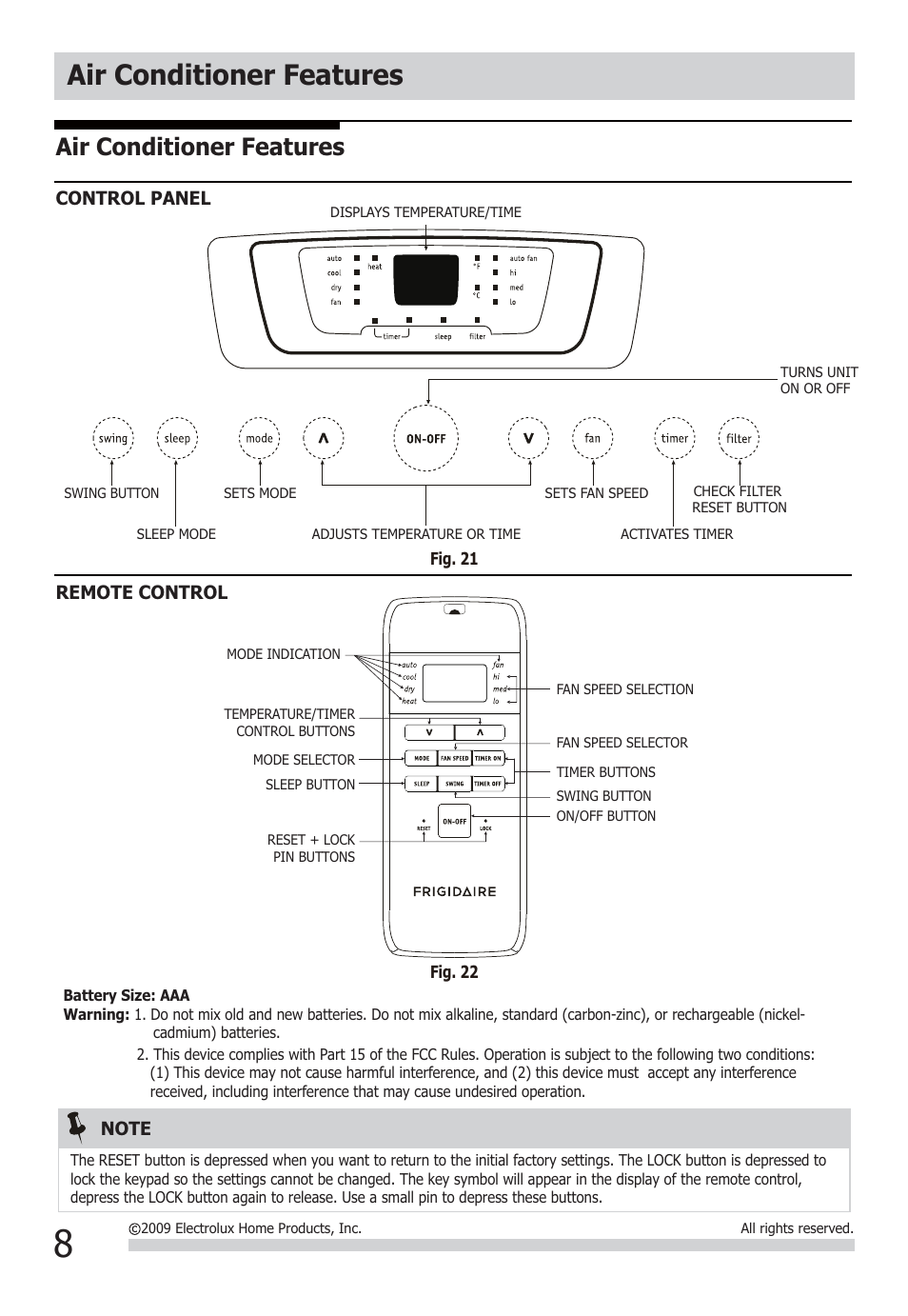 Air conditioner features | FRIGIDAIRE FRA073PU1 User Manual | Page 8 / 13