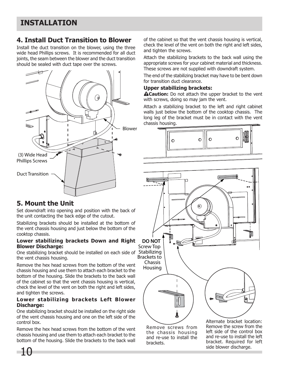 Installation, Install duct transition to blower, Mount the unit | FRIGIDAIRE FH30DD50MS User Manual | Page 10 / 16