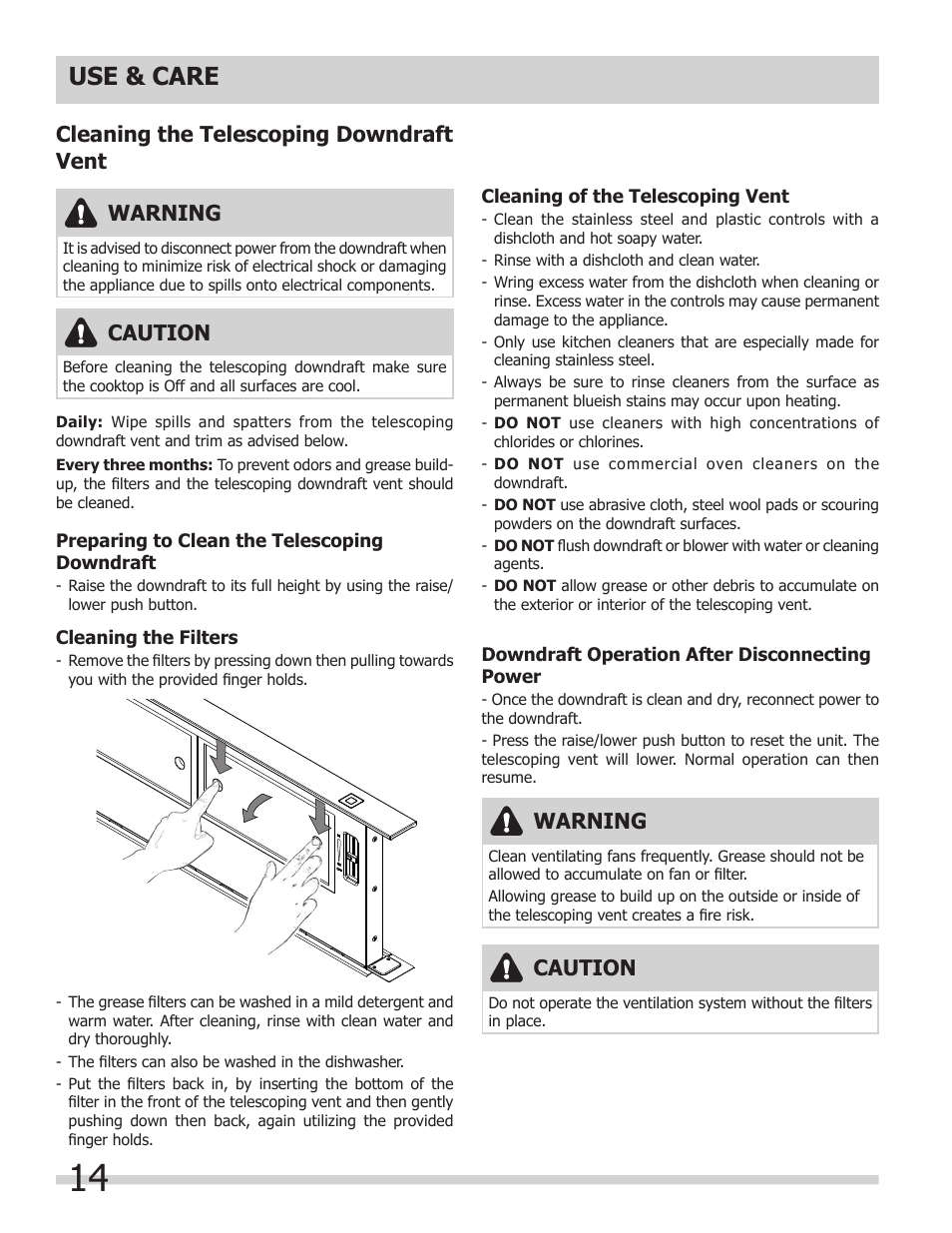 Use & care, Cleaning the telescoping downdraft vent warning, Warning | Caution | FRIGIDAIRE FH30DD50MS User Manual | Page 14 / 16