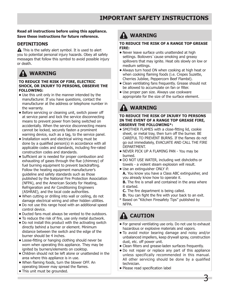 Important safety instructions, Warning, Caution | FRIGIDAIRE FH30DD50MS User Manual | Page 3 / 16