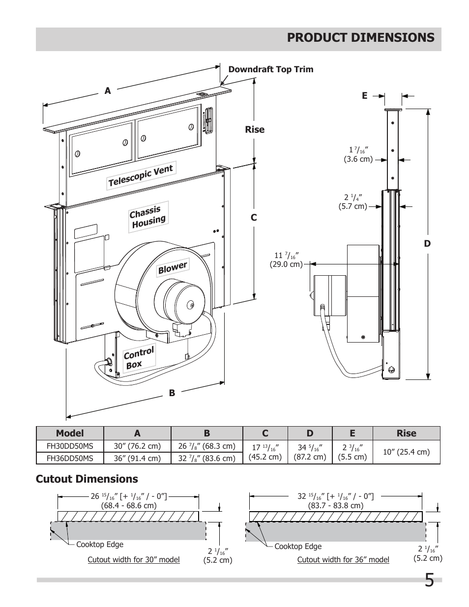 Product dimensions, Cutout dimensions | FRIGIDAIRE FH30DD50MS User Manual | Page 5 / 16