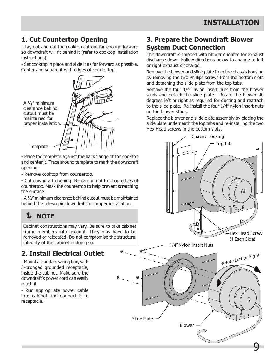Installation, Cut countertop opening, Install electrical outlet | FRIGIDAIRE FH30DD50MS User Manual | Page 9 / 16