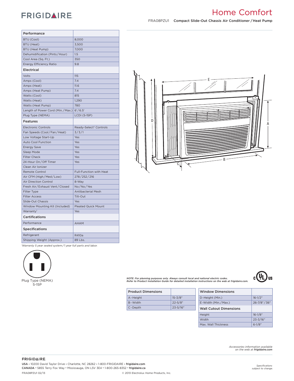 Rac compact models_window frigidaire baseline, Home comfort | FRIGIDAIRE FRA08PZU1 User Manual | Page 2 / 2