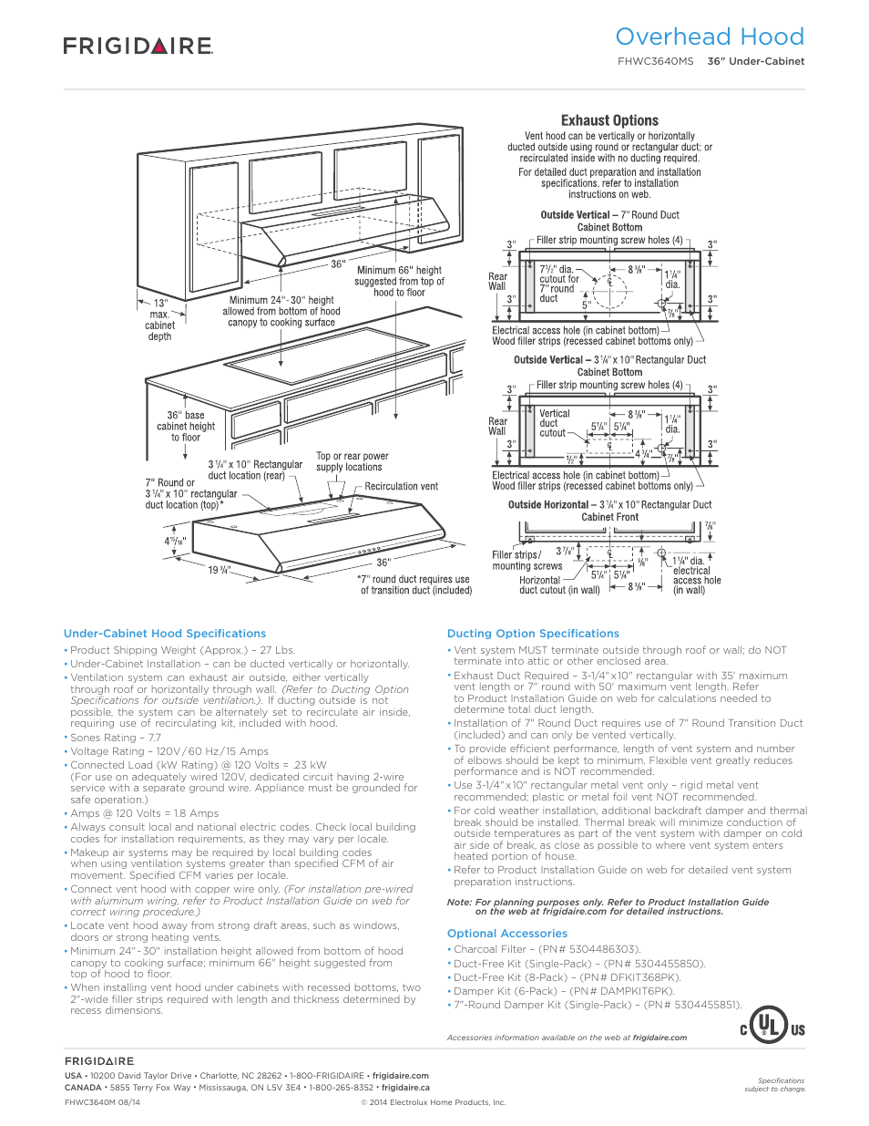 Overhead hood | FRIGIDAIRE FHWC3640MS User Manual | Page 2 / 2