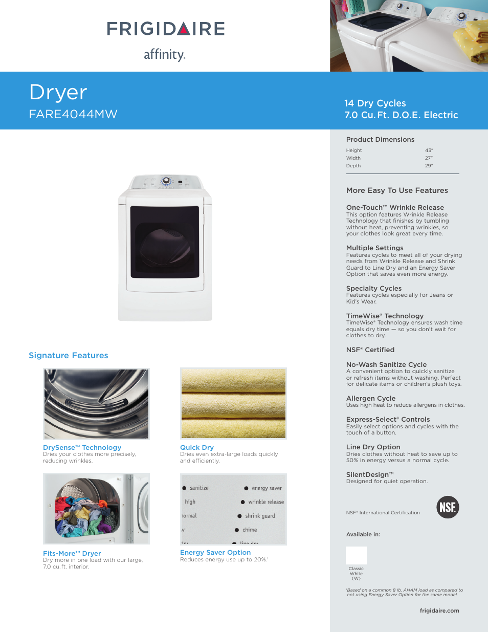 FRIGIDAIRE FARE4044MW User Manual | 3 pages