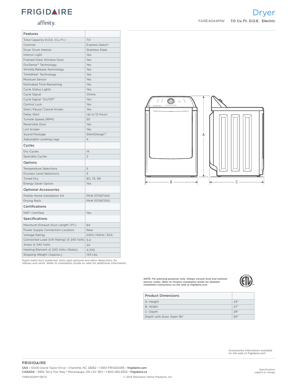 Dryer | FRIGIDAIRE FARE4044MW User Manual | Page 2 / 3