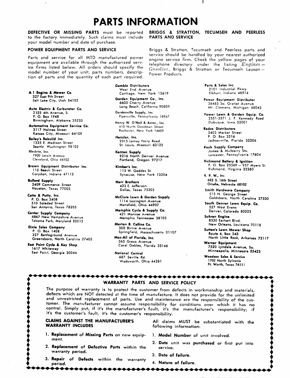 Parts information | Bolens 115-020A User Manual | Page 8 / 8