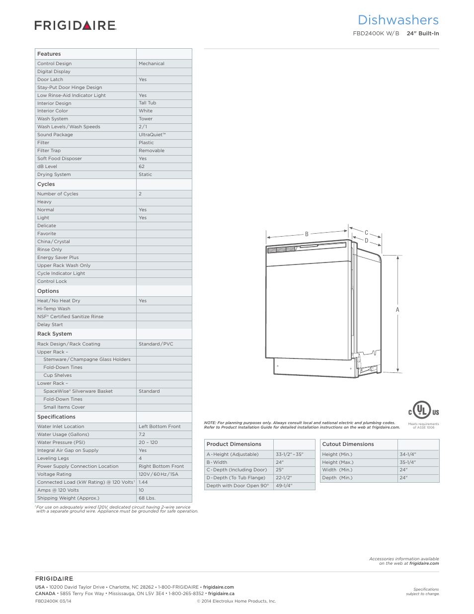 24" built-in dishwashers frigidaire baseline, Dishwashers | FRIGIDAIRE FBD2400KQ User Manual | Page 2 / 7