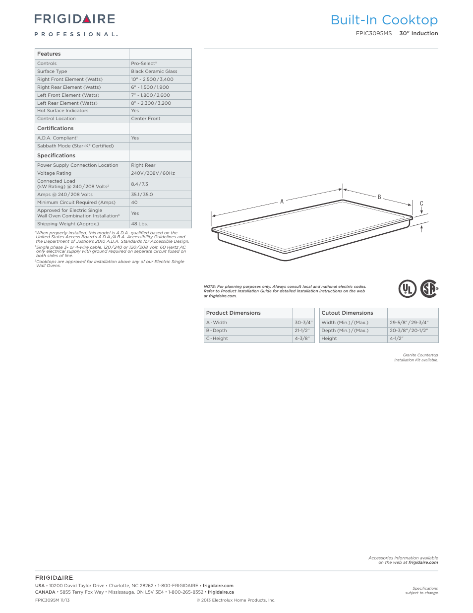 Drop-in electric cooktops frigidaire baseline, Built-in cooktop | FRIGIDAIRE FPIC3095MS User Manual | Page 2 / 5