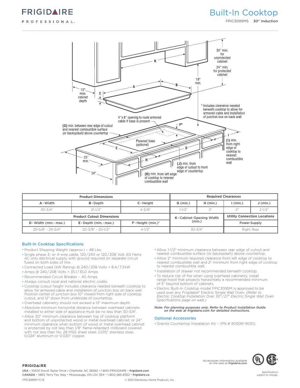 Drop-in induction / electric cooktops, Professional / gallery / baseline, Built-in cooktop | Callouts must be charted per individual model) | FRIGIDAIRE FPIC3095MS User Manual | Page 3 / 5