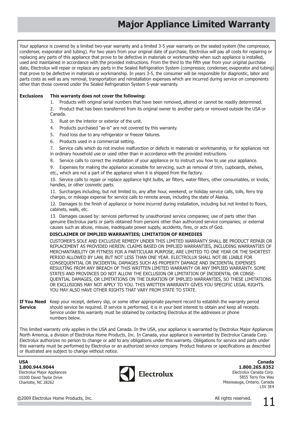 Major appliance limited warranty | FRIGIDAIRE FFRE0533Q1 User Manual | Page 11 / 11