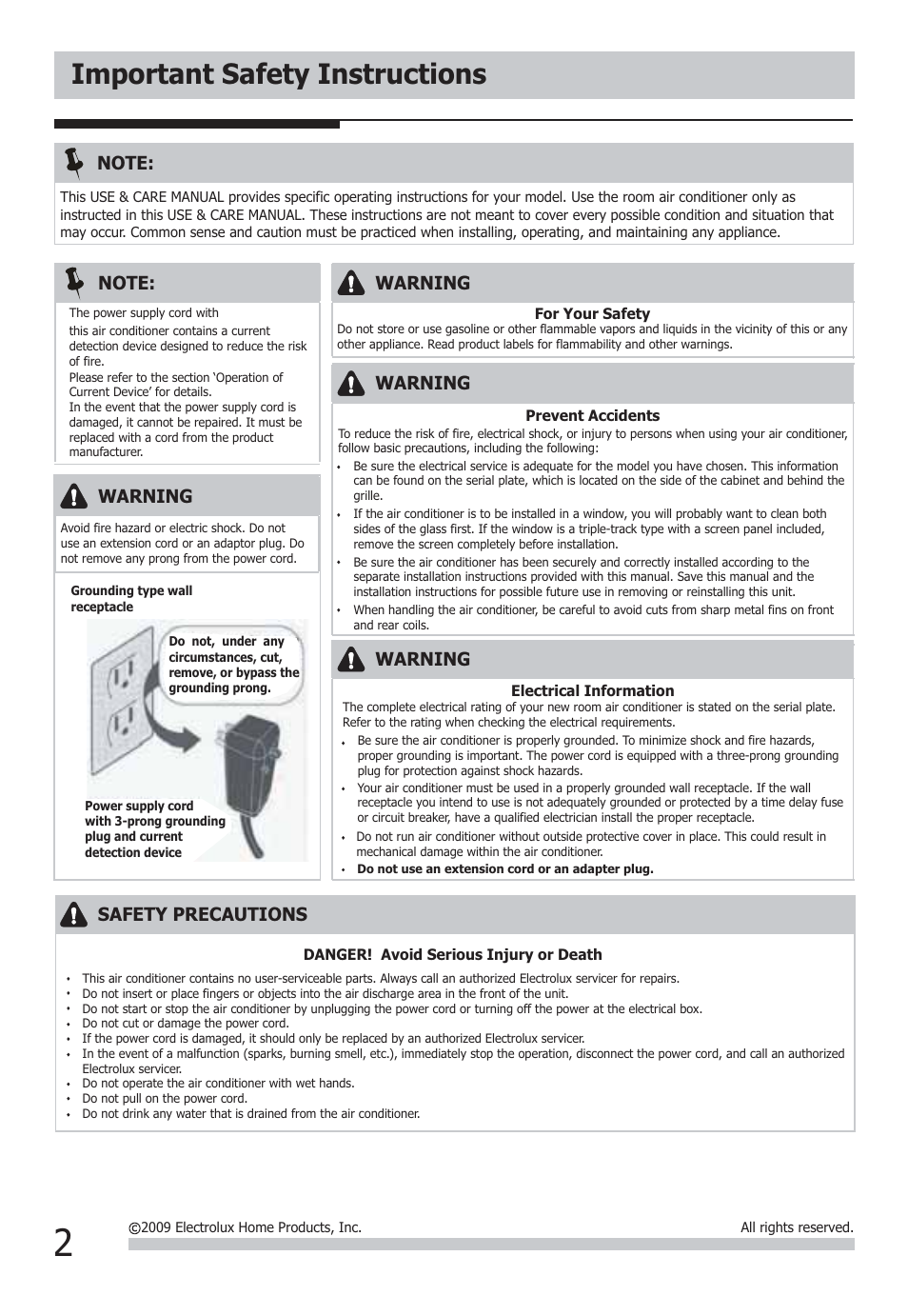 Important safety instructions | FRIGIDAIRE FFRE0533Q1 User Manual | Page 2 / 11