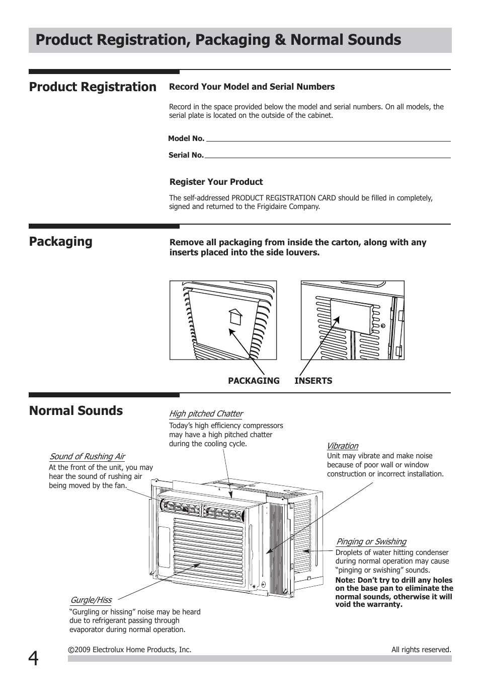 Product registration, packaging & normal sounds, Packaging normal sounds, Product registration | FRIGIDAIRE FFRE0533Q1 User Manual | Page 4 / 11