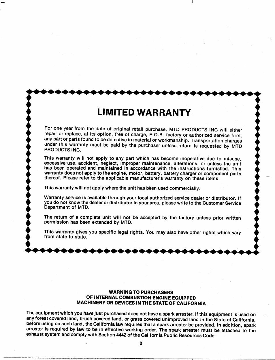 Limited warranty | Bolens 139-402A User Manual | Page 2 / 26