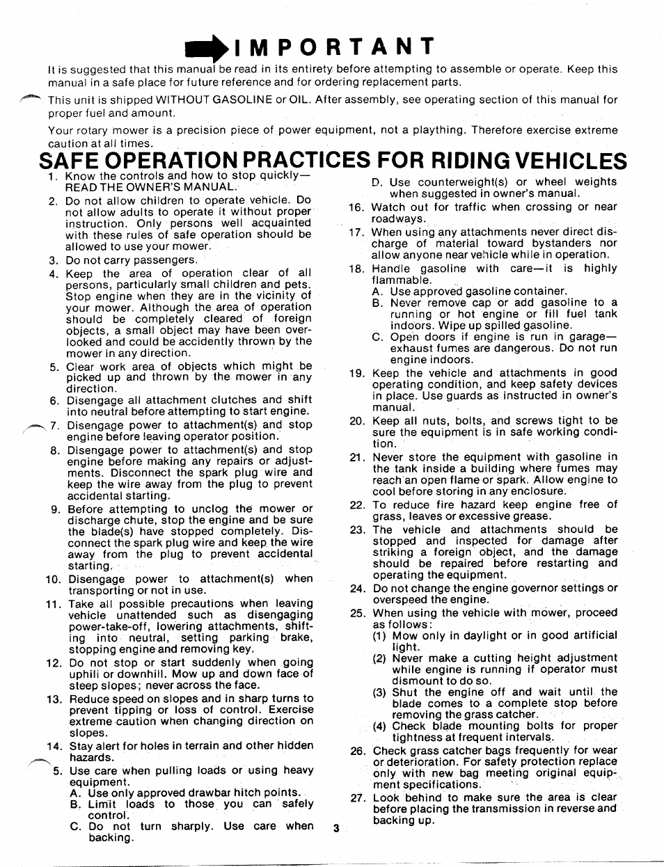 Important, Safe operation practices for riding vehicles | Bolens 139-402A User Manual | Page 3 / 26