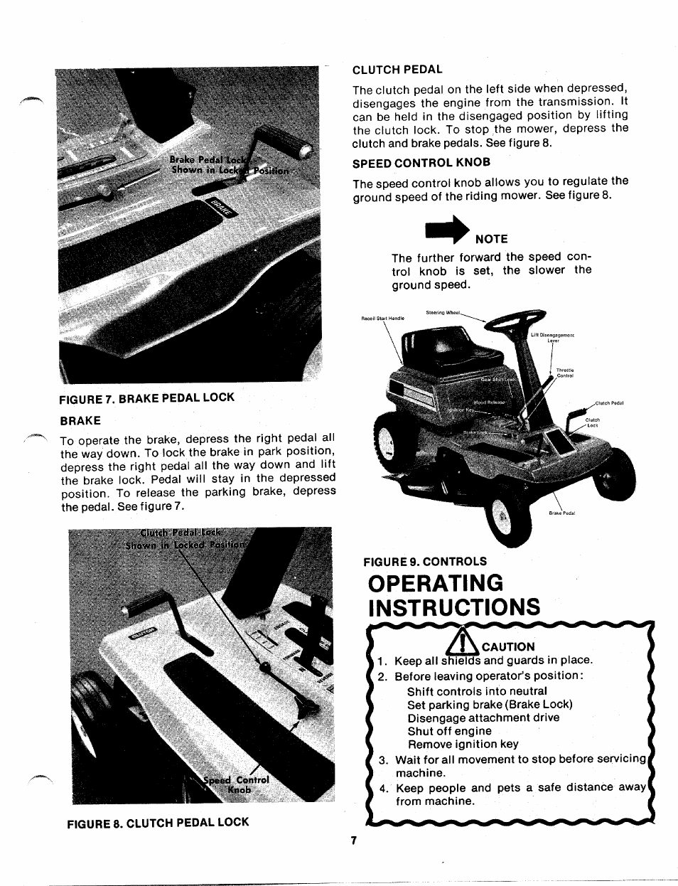 Clutch pedal, Speed control knob, Note | Figures. controls, Operating, Instructions, Caution, Operating instructions | Bolens 139-402A User Manual | Page 7 / 26