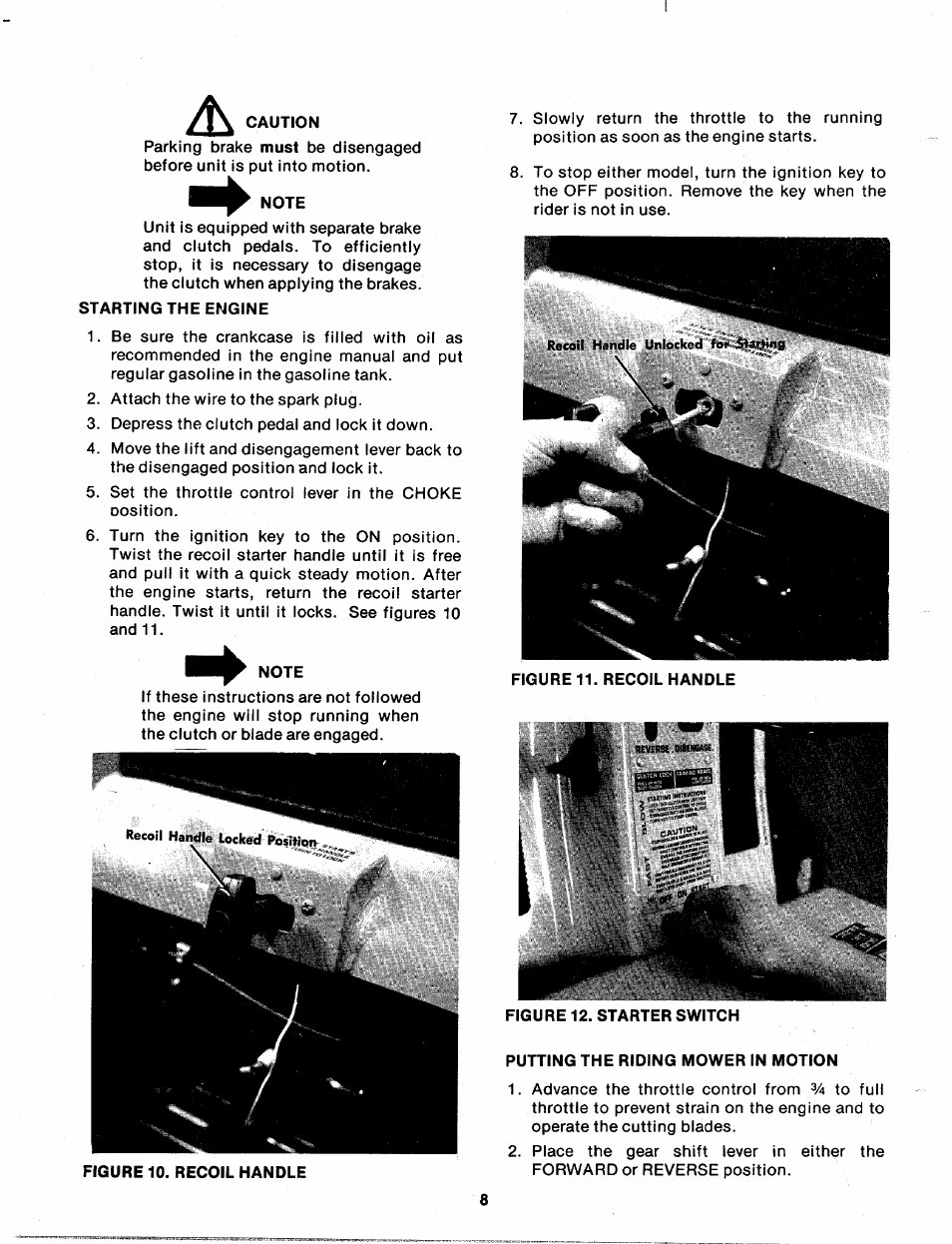 A caution, Note, Starting the engine | Putting the riding mower in motion | Bolens 139-402A User Manual | Page 8 / 26
