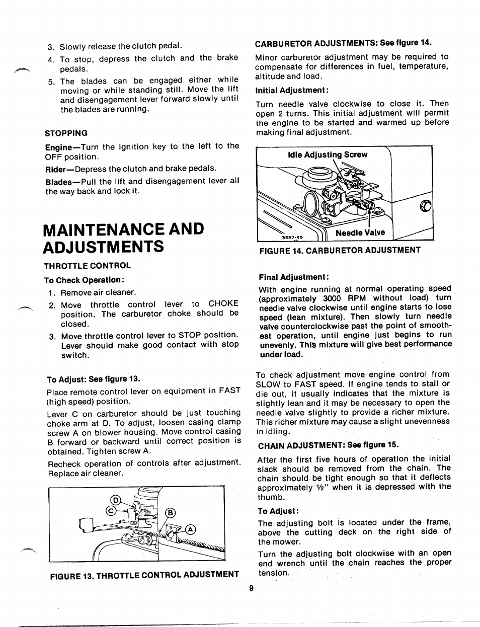 Stopping, Maintenance and adjustments, Throttle control to check operation | Carburetor adjustments: see figure 14, To adjust: see figure 13 | Bolens 139-402A User Manual | Page 9 / 26