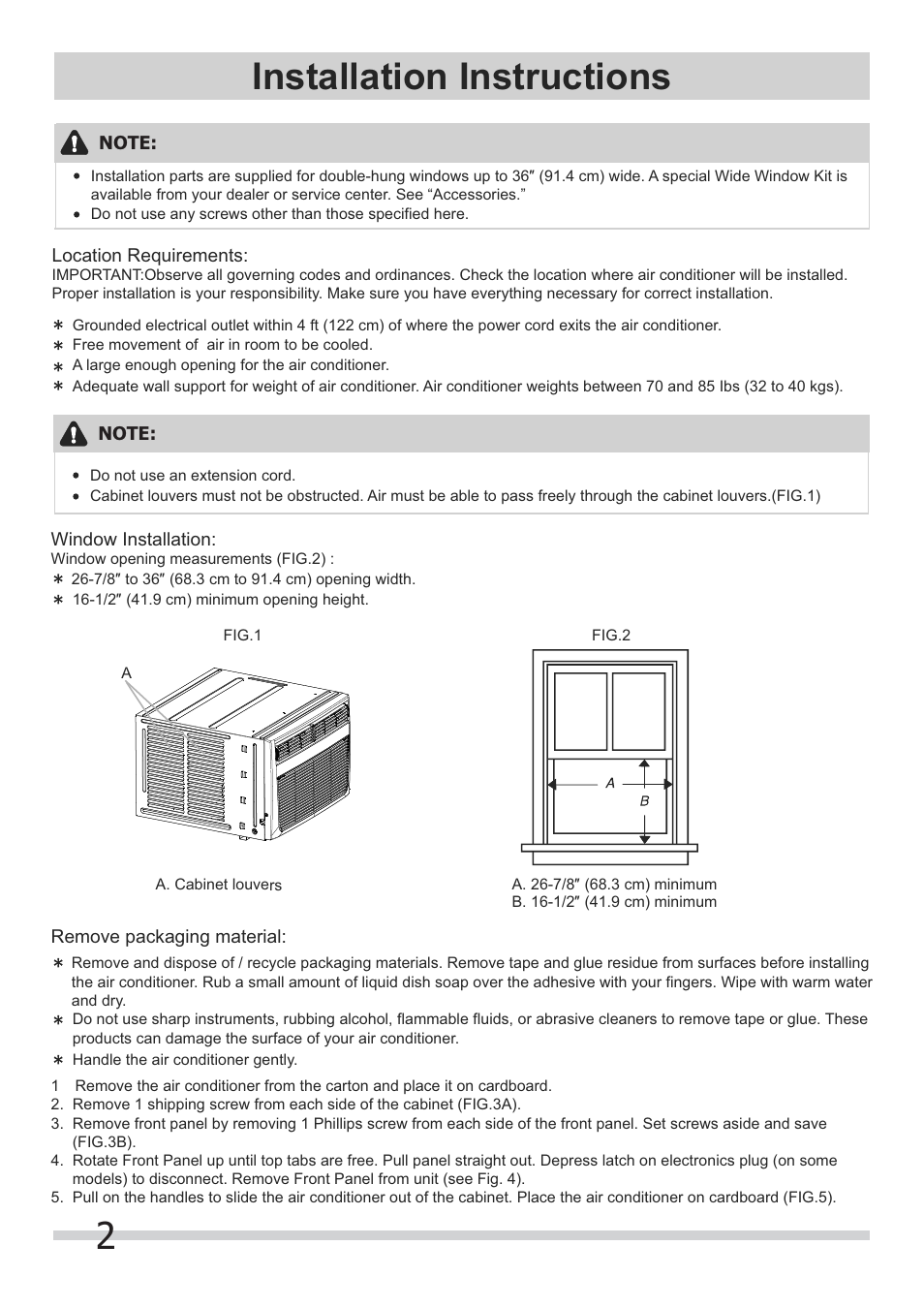 2installation instructions | FRIGIDAIRE FRA08PZU1 User Manual | Page 2 / 6