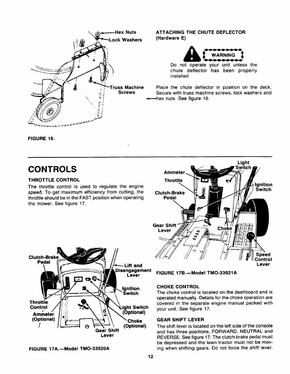 Attaching the chute deflector (hardware e), Warning i, Controls | Throttle control, Light switch (optional), Choke (optional), Gear shift lever | Bolens TMO-33920A User Manual | Page 12 / 39