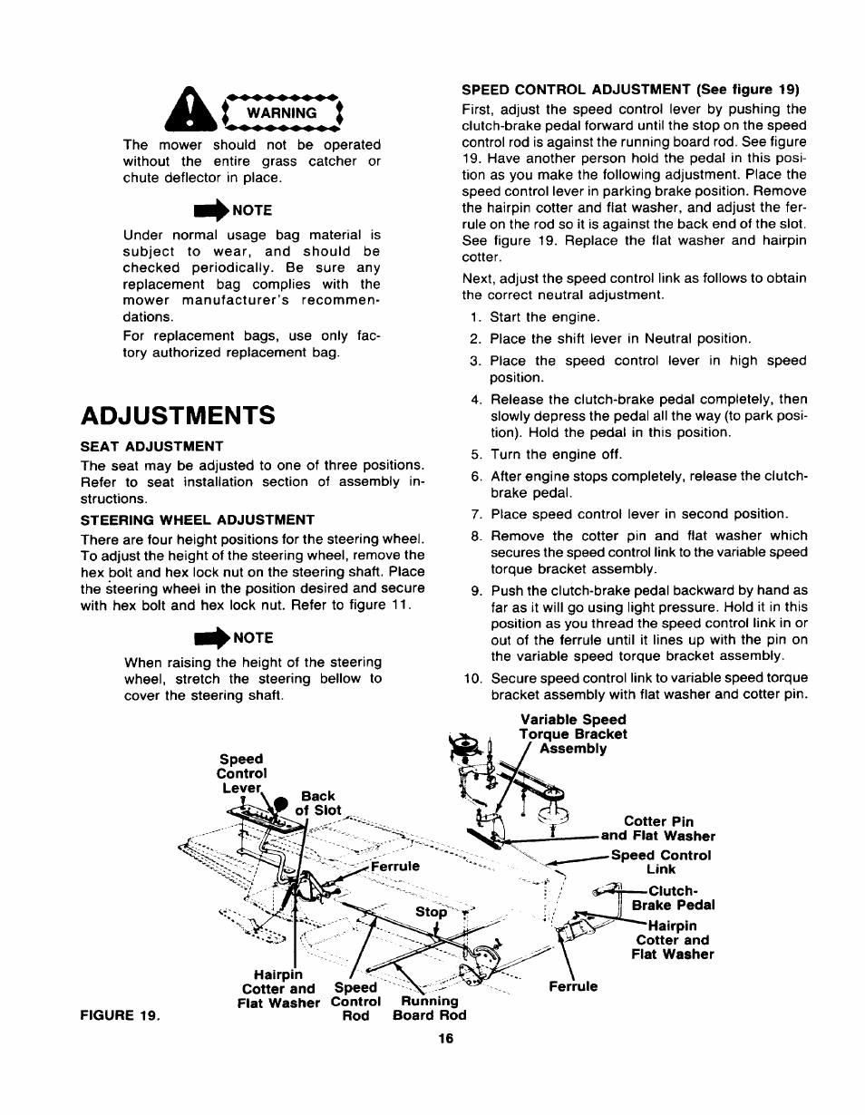 Note, Adjustments, Seat adjustment | Steering wheel adjustment, Speed control adjustment (see figure 19), Hairpin | Bolens TMO-33920A User Manual | Page 16 / 39