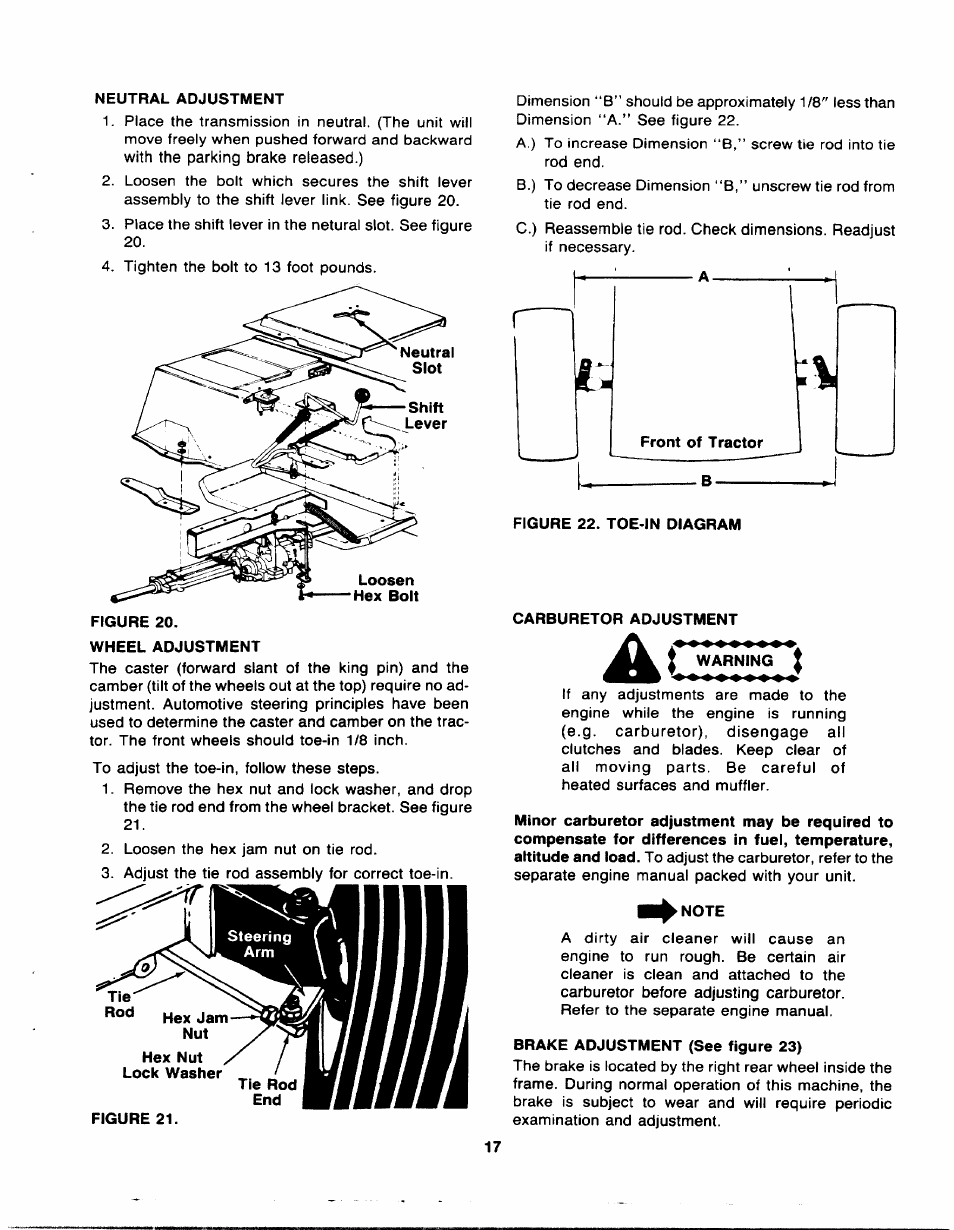 Neutral adjustment, Wheel adjustment, Carburetor adjustment | Ac warning, Note, Brake adjustment (see figure 23) | Bolens TMO-33920A User Manual | Page 17 / 39