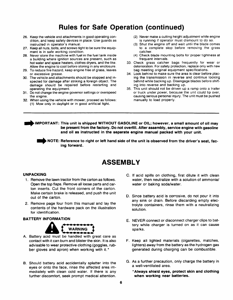 Rules for safe operation (continued), Assembly | Bolens TMO-33920A User Manual | Page 6 / 39