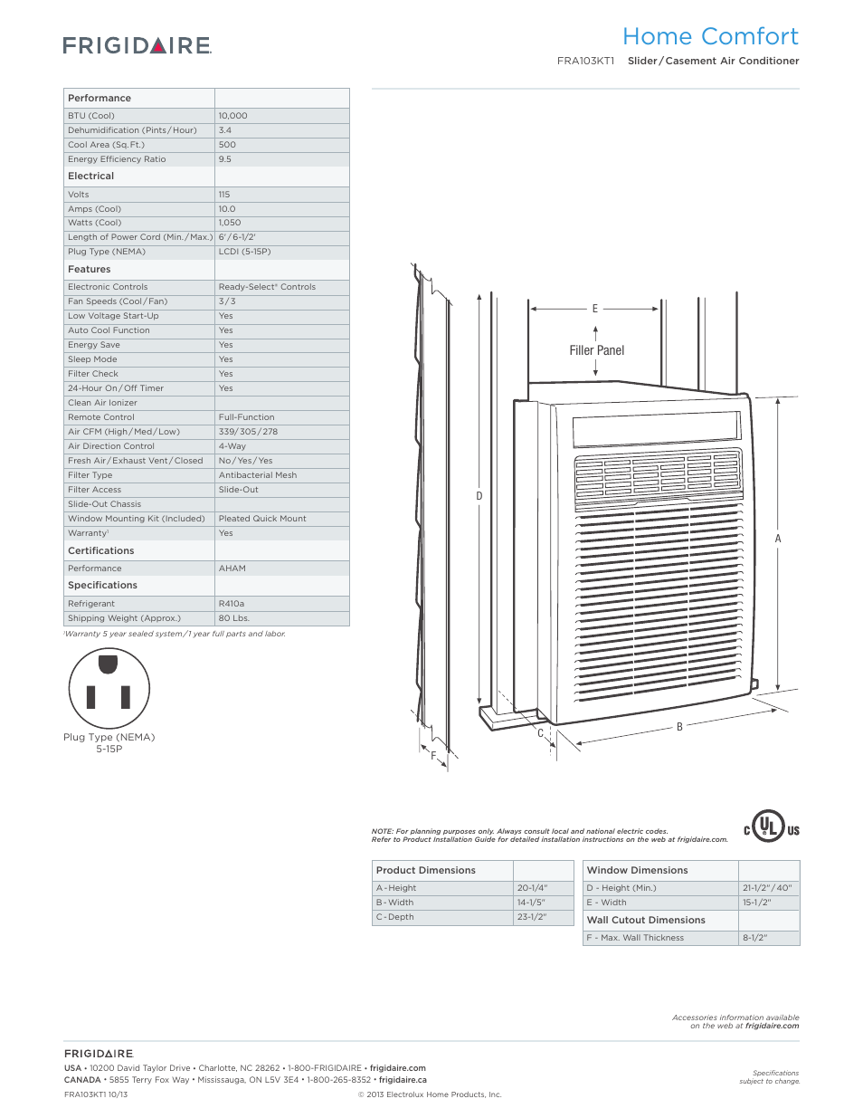 Rac casement/slider models frigidaire baseline, Home comfort, Filler panel | FRIGIDAIRE FRA103KT1 User Manual | Page 2 / 2