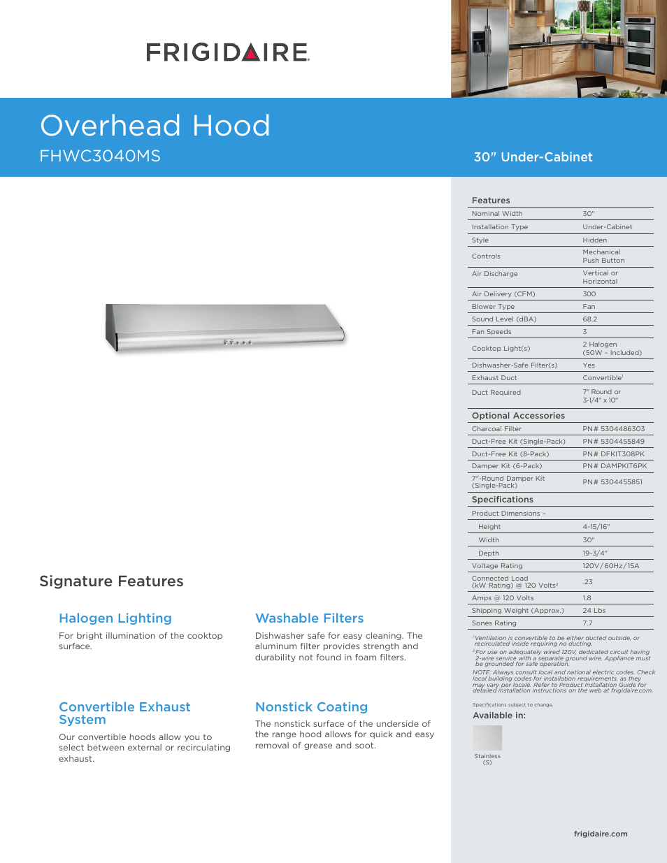 FRIGIDAIRE FHWC3040MS User Manual | 2 pages