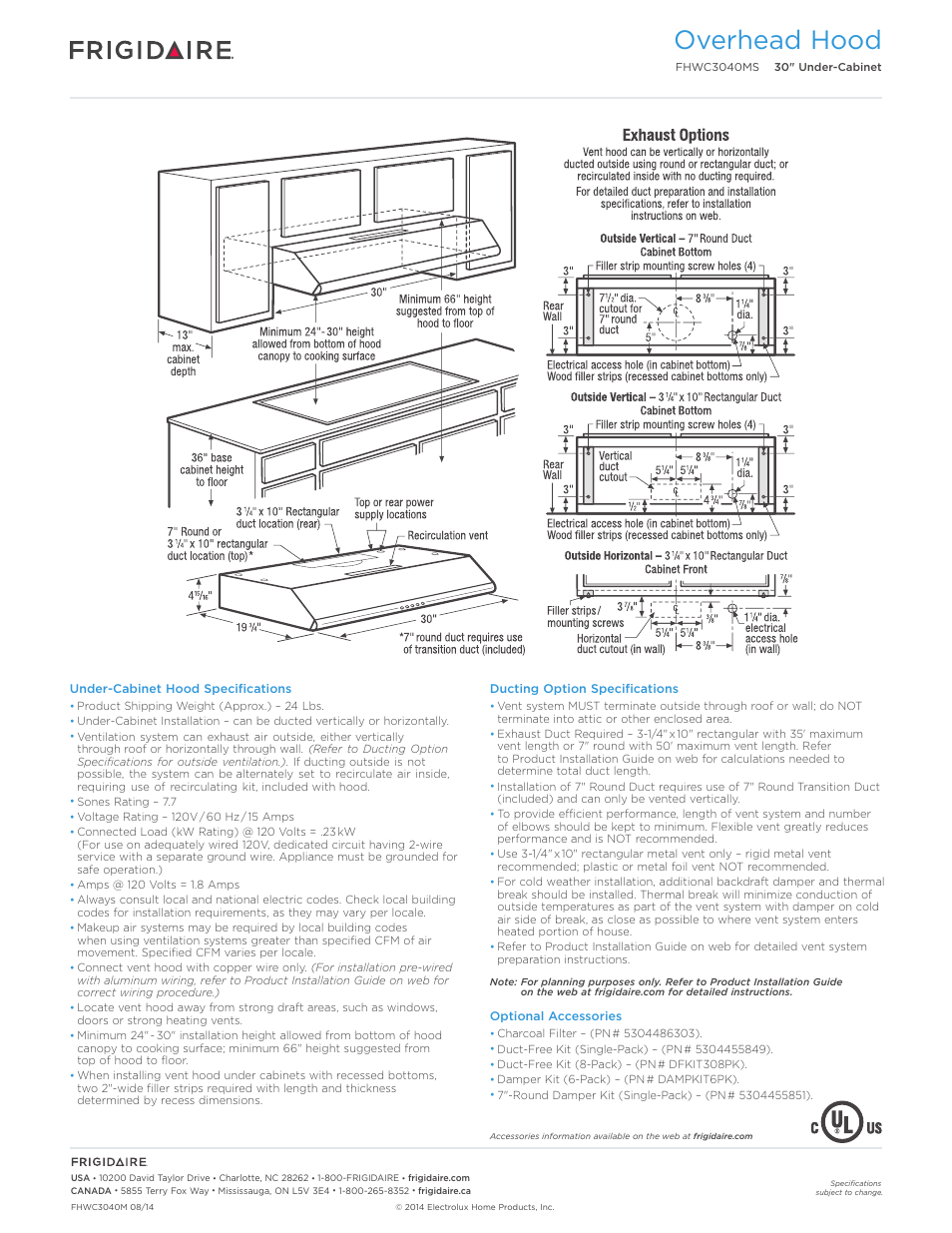 Overhead hood | FRIGIDAIRE FHWC3040MS User Manual | Page 2 / 2