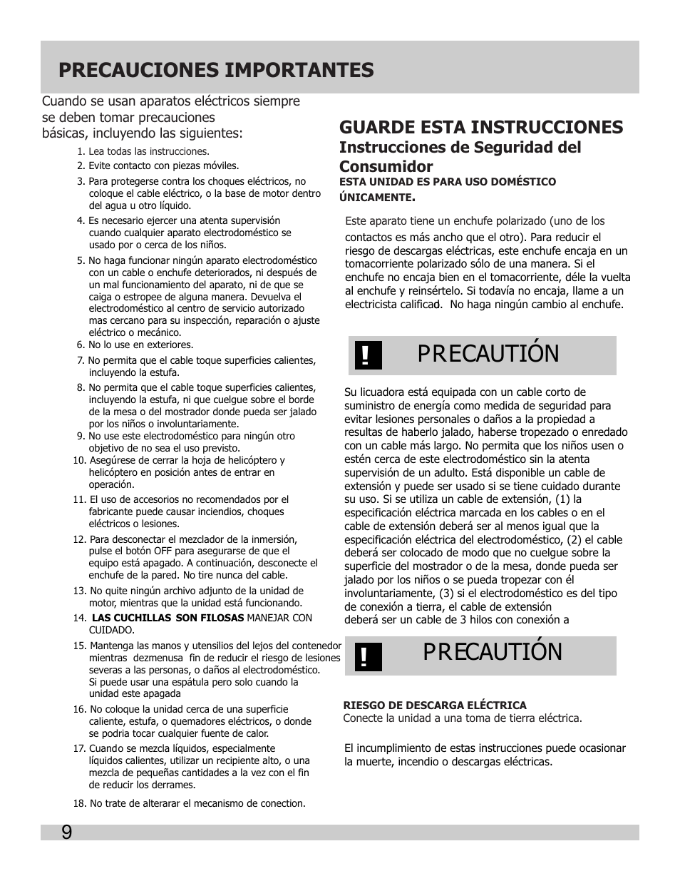 Precautión, Precauciones importantes, Guarde esta instrucciones | Instrucciones de seguridad del consumidor | FRIGIDAIRE FPIB10B7NS User Manual | Page 10 / 24