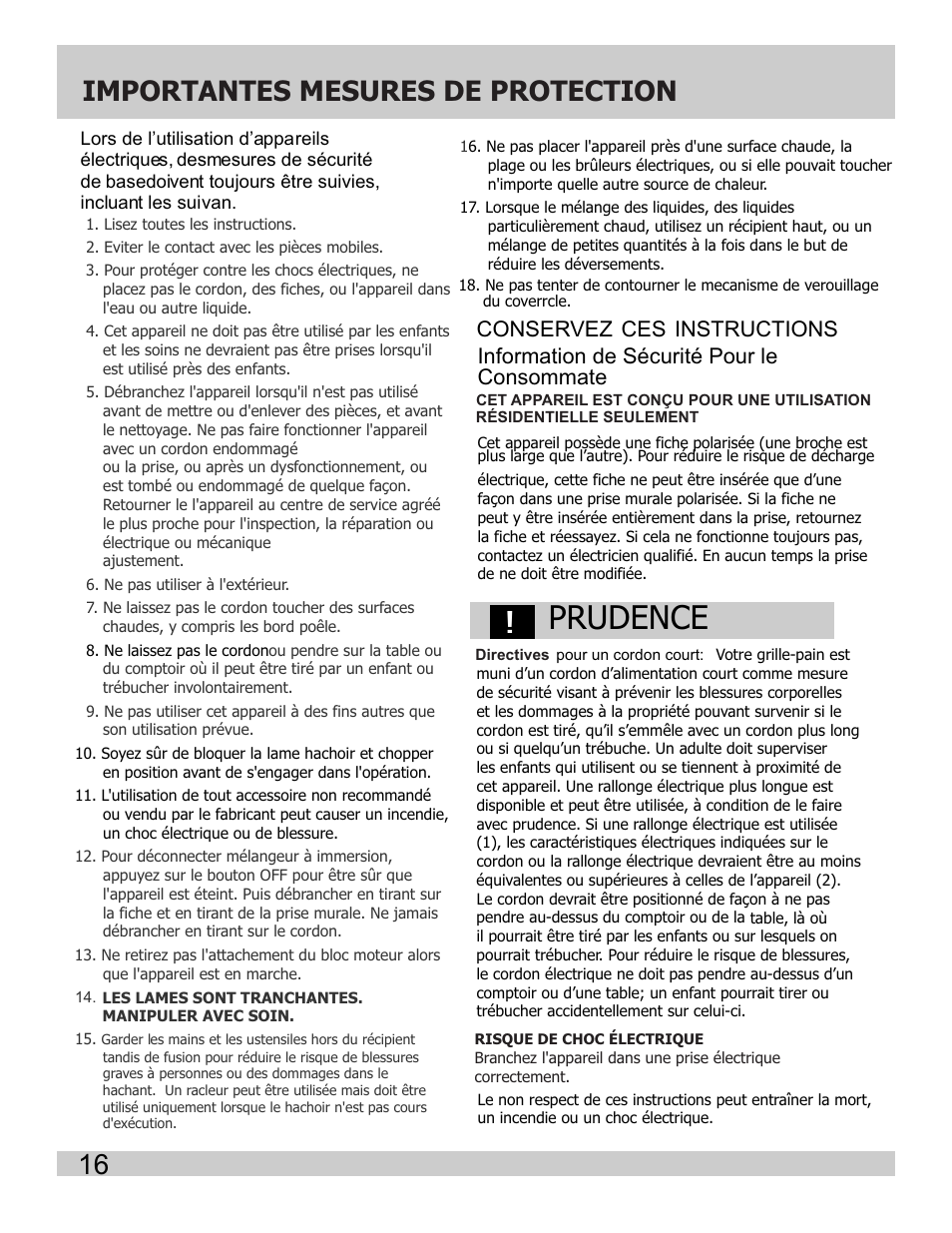 Prudence, Importantes mesures de protection | FRIGIDAIRE FPIB10B7NS User Manual | Page 18 / 24