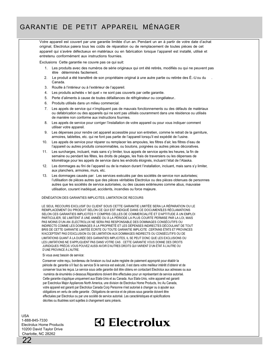 Ga rant ie de pe tit ap pa rei l mé nag er | FRIGIDAIRE FPIB10B7NS User Manual | Page 24 / 24