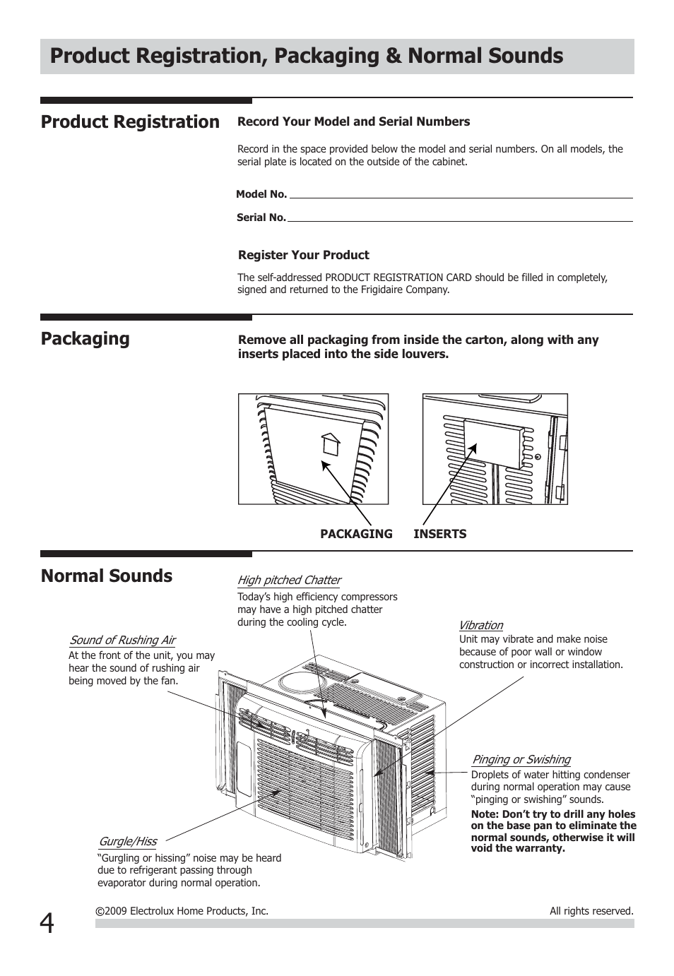 Product registration, packaging & normal sounds, Packaging, Product registration | Normal sounds | FRIGIDAIRE FFRA0511Q1 User Manual | Page 4 / 8