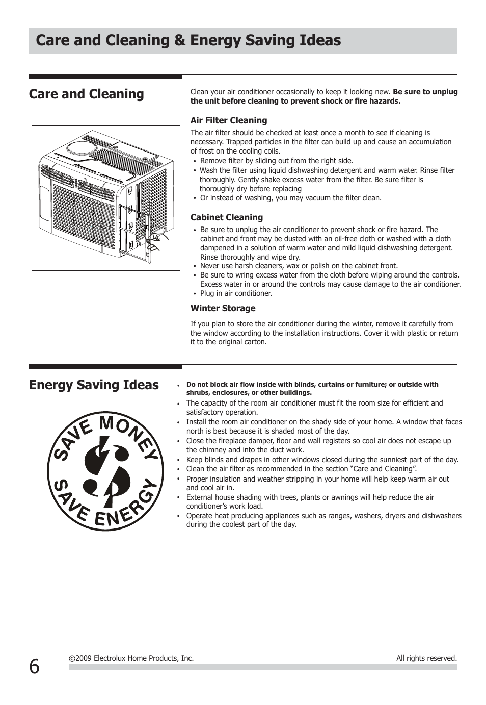 Care and cleaning & energy saving ideas, Energy saving ideas, Care and cleaning | FRIGIDAIRE FFRA0511Q1 User Manual | Page 6 / 8