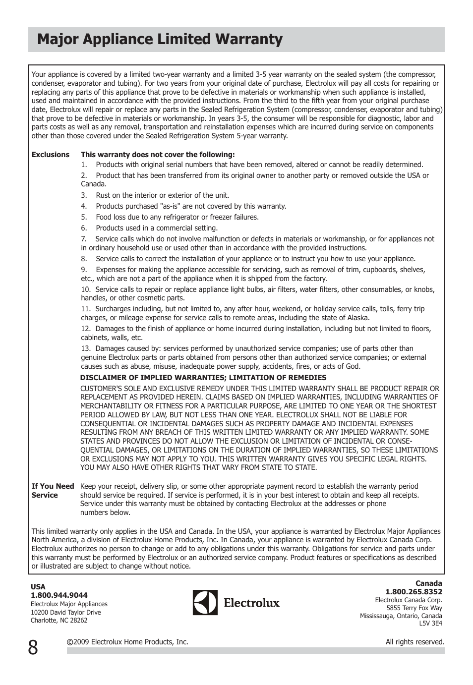 Major appliance limited warranty | FRIGIDAIRE FFRA0511Q1 User Manual | Page 8 / 8