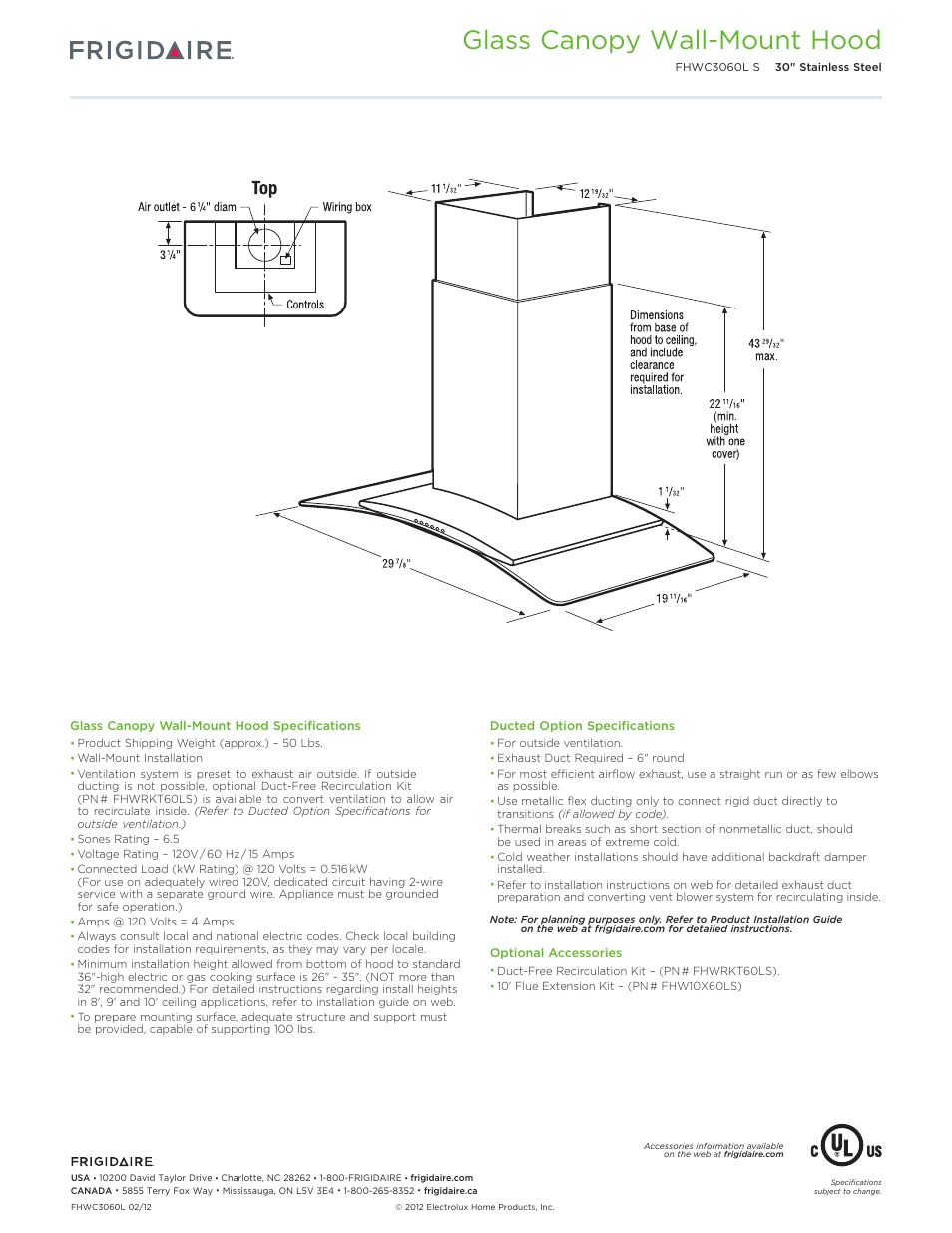 Wm vent hood fhwc3060ls, Glass canopy wall-mount hood | FRIGIDAIRE FHWC3060LS User Manual | Page 2 / 5