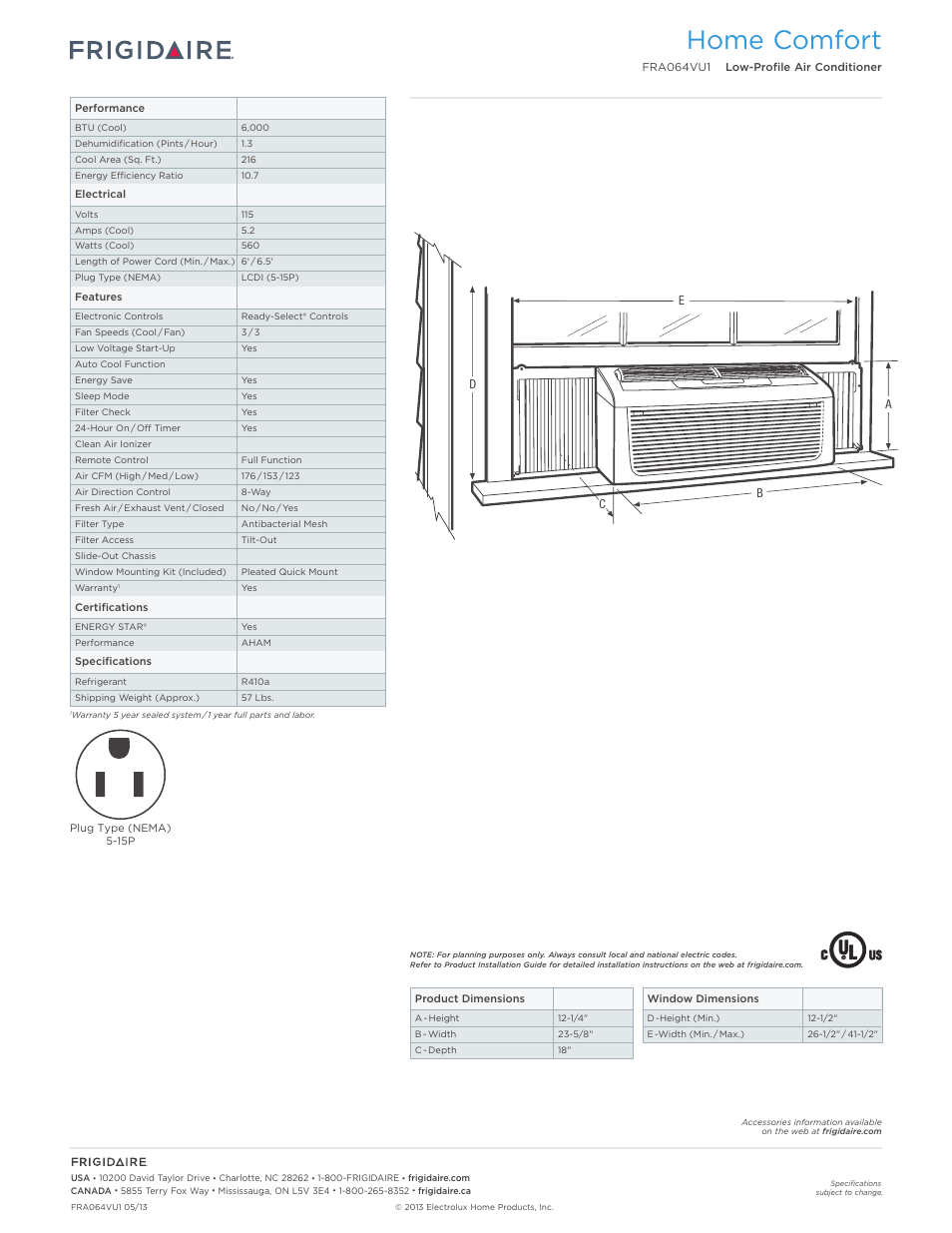 Rac mini models_window frigidaire baseline, Home comfort | FRIGIDAIRE FRA064VU1 User Manual | Page 2 / 2